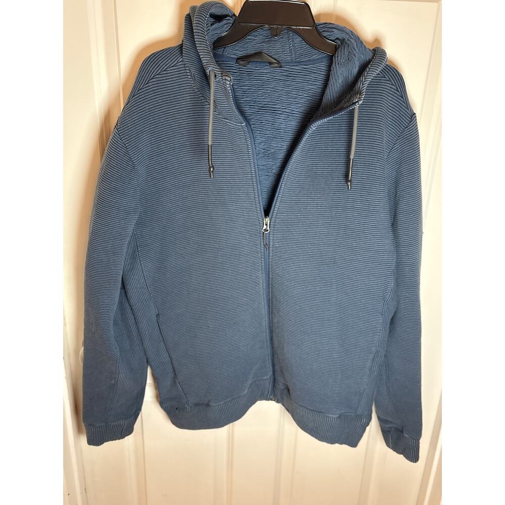 North Face Blue Full Zip Striped Patch Logo Hoodie Size L